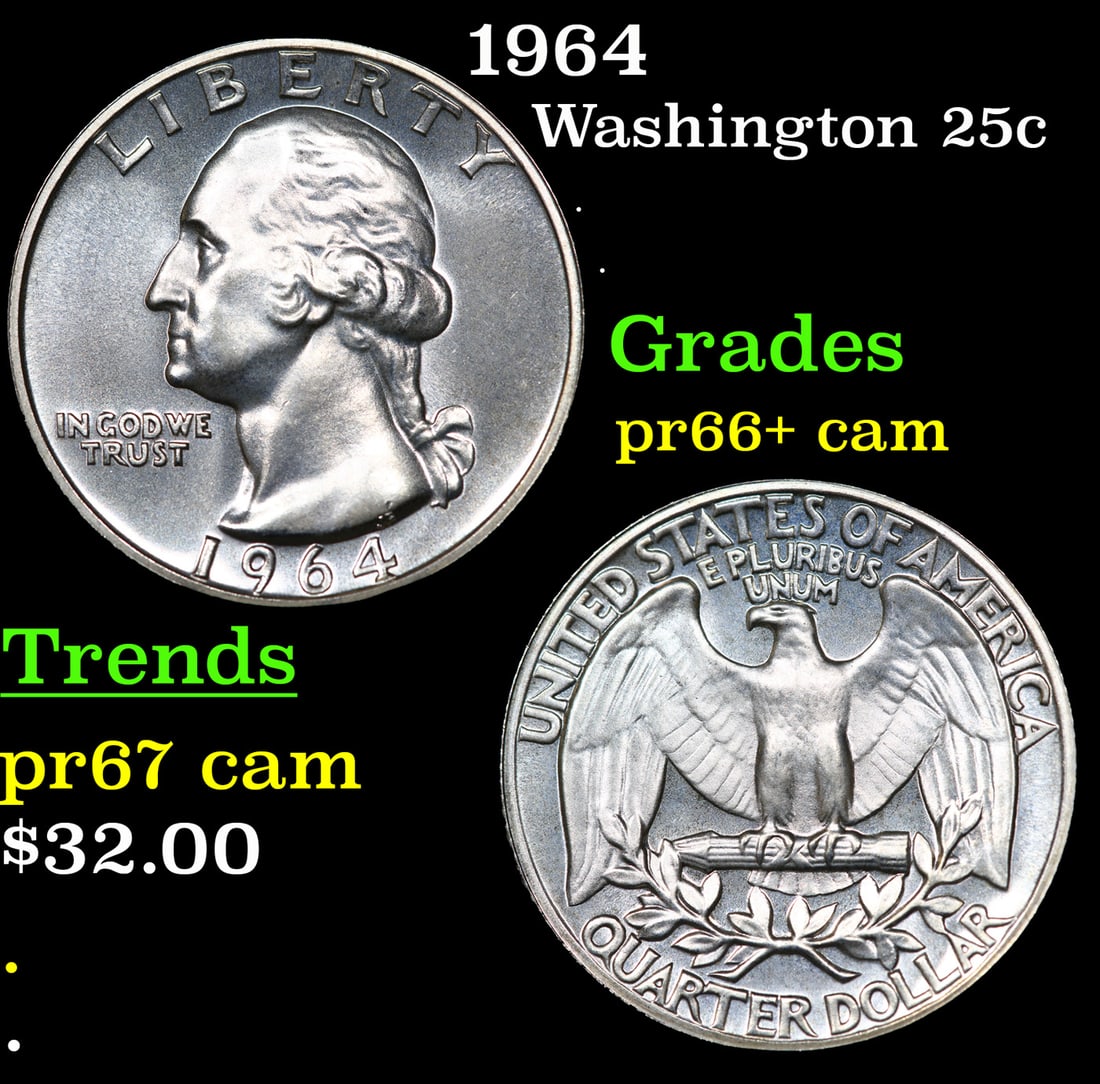 Proof 1964 Washington Quarter 25c Grades GEM++ Proof Cameo (1 of 3)