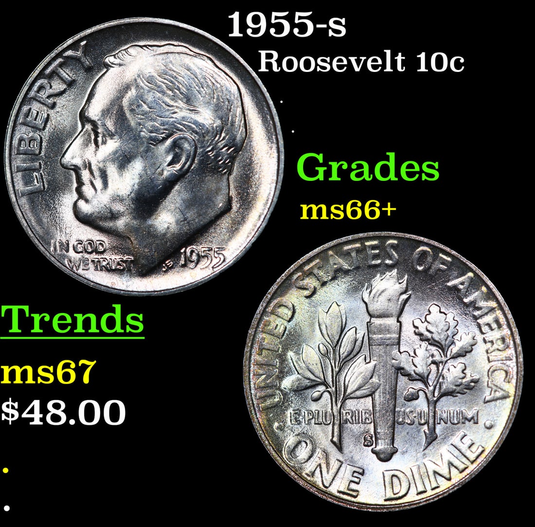1955-s Roosevelt Dime 10c Grades GEM++ Unc (1 of 3)