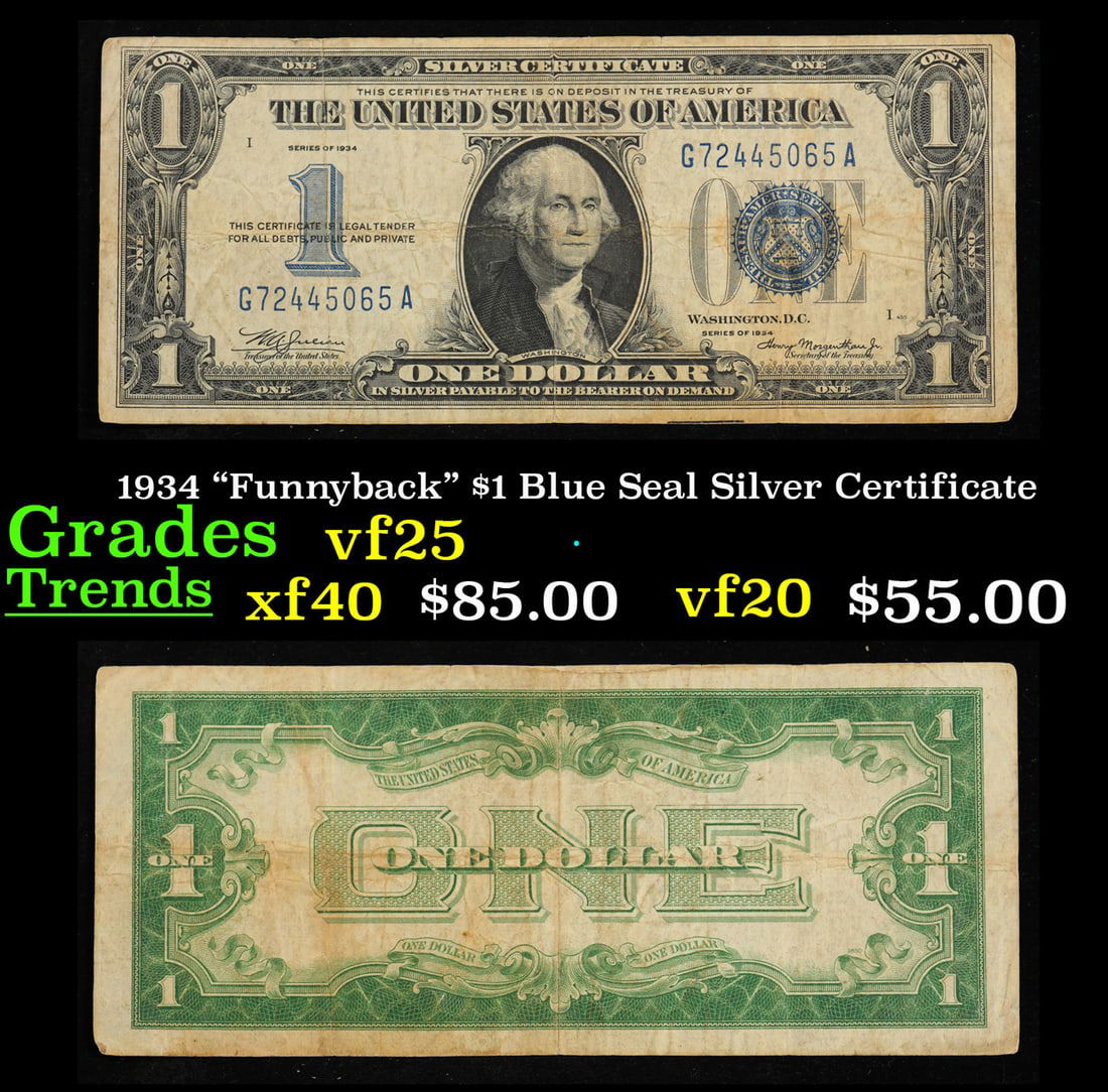 1934 "Funnyback" $1 Blue Seal Silver Certificate Grades vf+ (1 of 3)