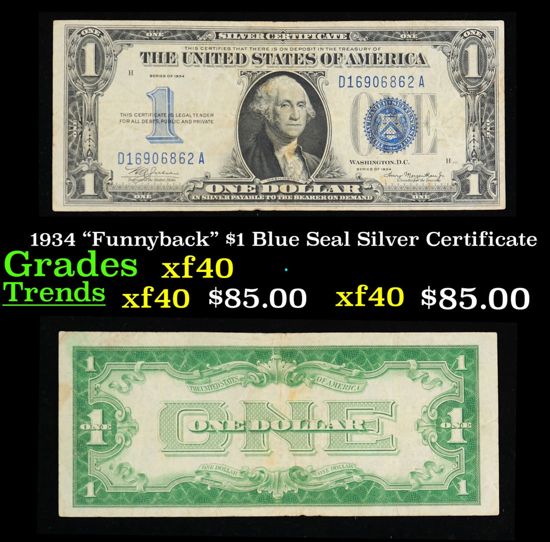 1934 "Funnyback" $1 Blue Seal Silver Certificate Grades xf (1 of 3)