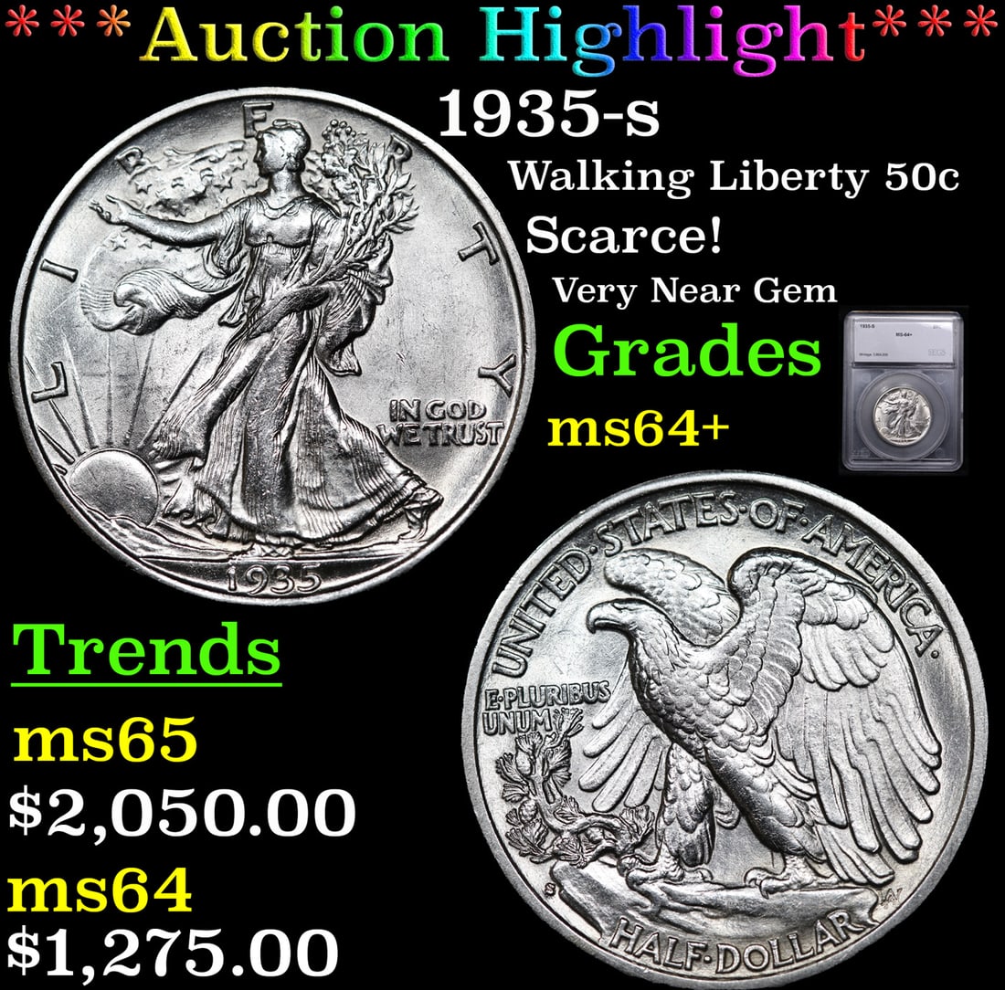 ***Auction Highlight*** 1935-s Walking Liberty Half Dollar 50c Graded ms64+ By SEGS (fc): ***Auction Highlight*** 1935-s Walking Liberty Half Dollar 50c Graded ms64+ By SEGS. A Key Date's Pick, Bid to Win, Don't let it get Away, you might not find its equal Coin