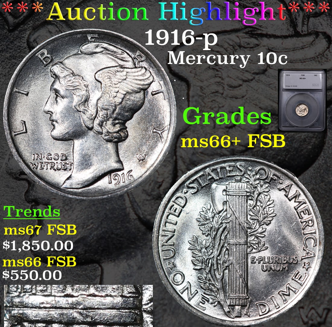 ***Auction Highlight*** 1916-p Mercury Dime 10c Graded ms66+ FSB By SEGS (fc) (1 of 6)
