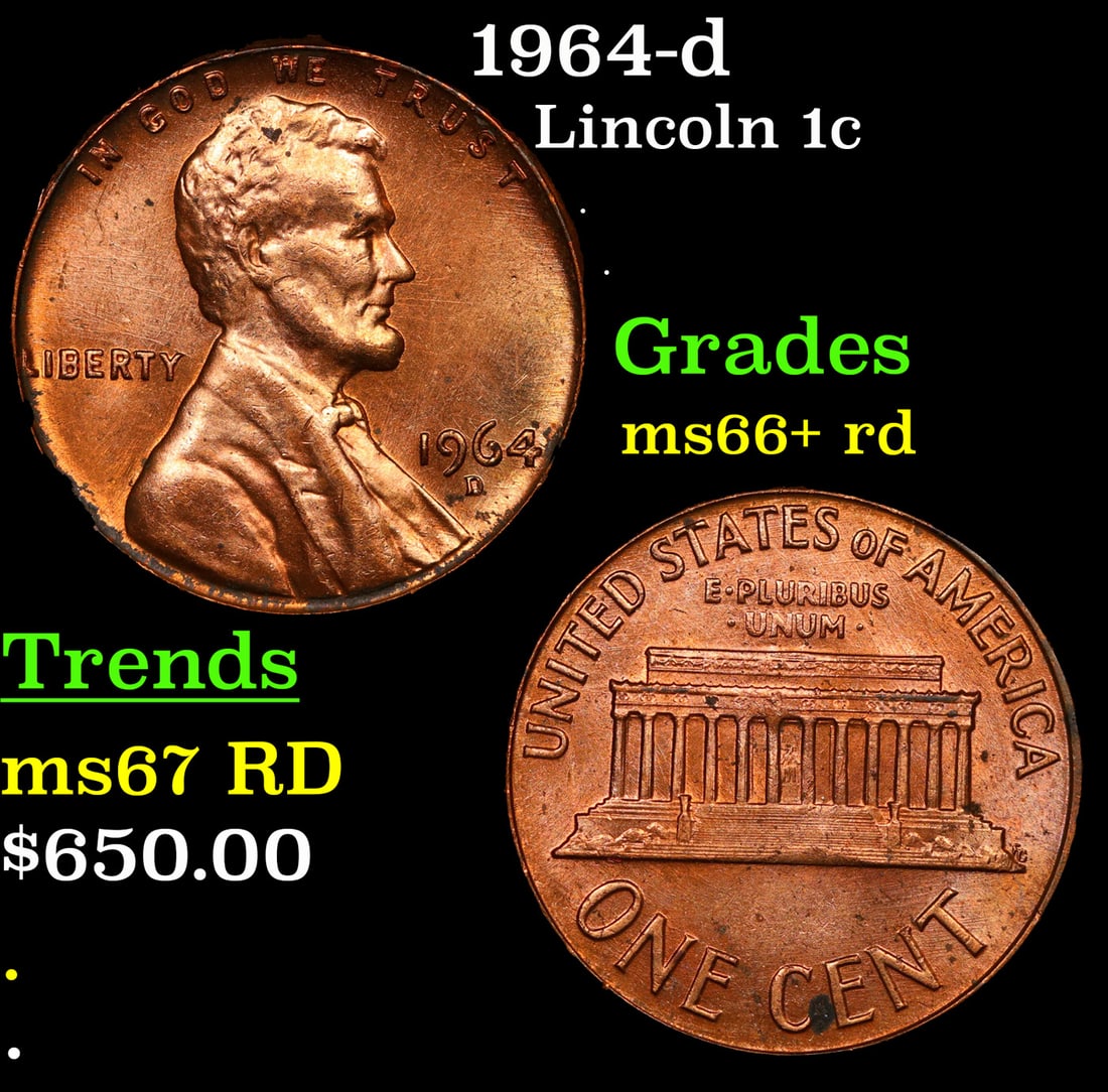 1964-d Lincoln Cent 1c Grades GEM++ RD: 1964-d Lincoln Cent 1c Grades GEM++ RD.