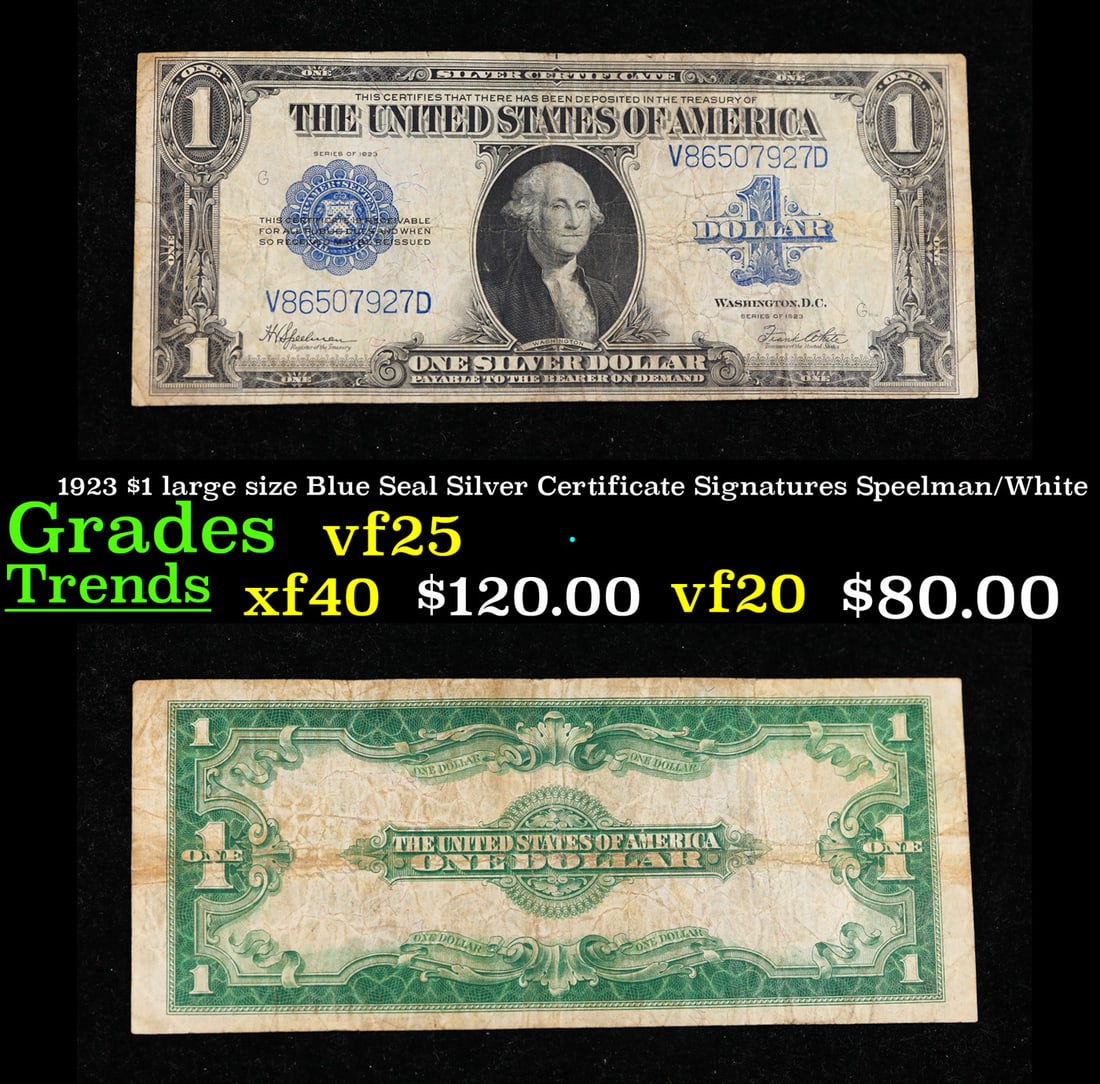 1923 $1 large size Blue Seal Silver Certificate Grades vf+ Signatures Speelman/White: 1923 $1 large size Blue Seal Silver Certificate Grades vf+ Signatures Speelman/White. Fr-237 The term “horse blanket” gets used a lot when talking about large size currency. It is most frequen