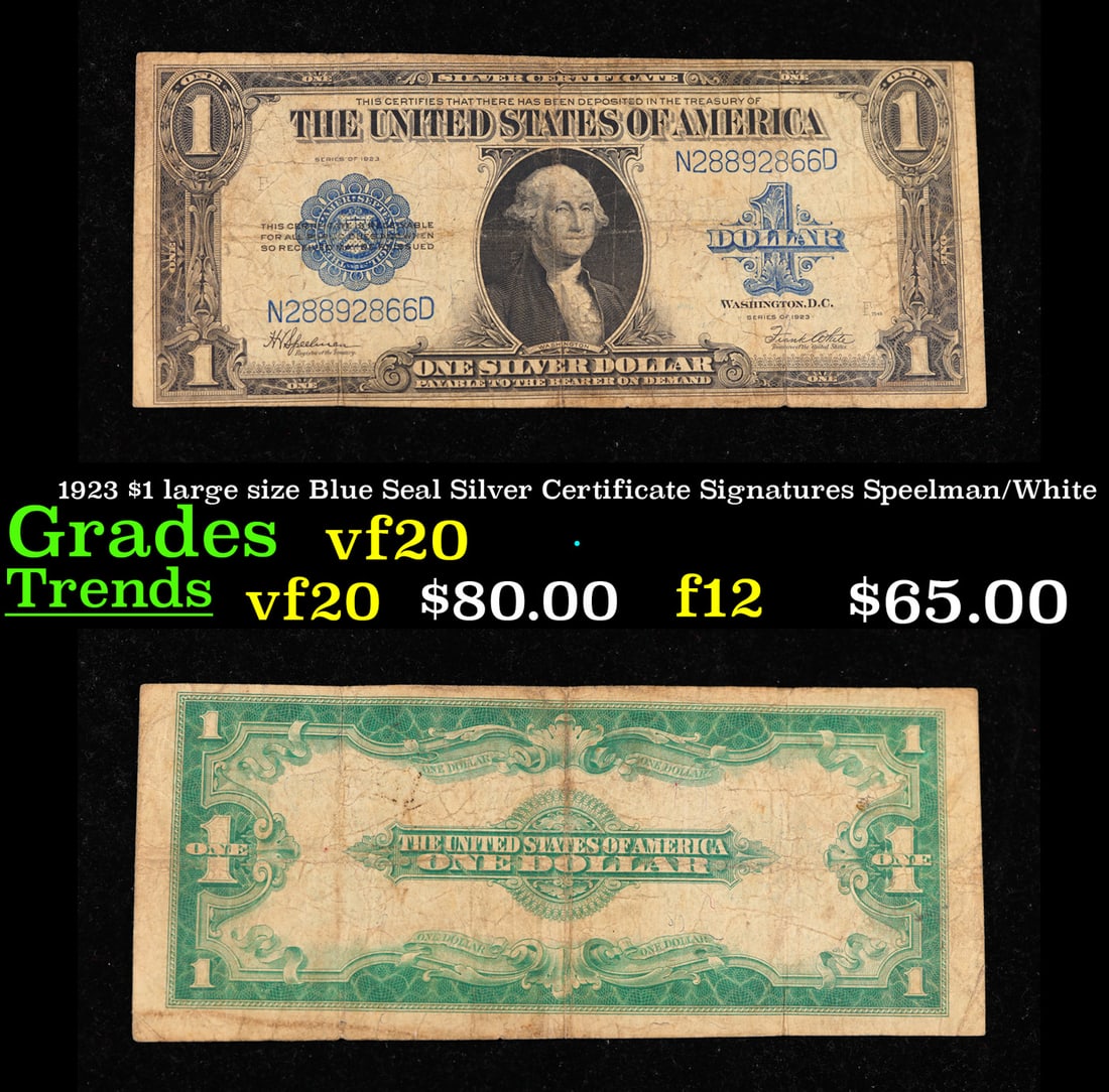 1923 $1 large size Blue Seal Silver Certificate Grades vf, very fine Signatures Speelman/White: 1923 $1 large size Blue Seal Silver Certificate Grades vf, very fine Signatures Speelman/White. Fr-237 The term “horse blanket” gets used a lot when talking about large size currency. It is mo