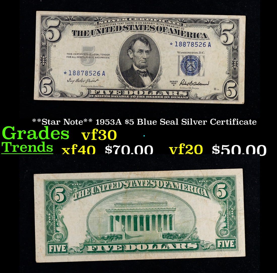**Star Note** 1953A $5 Blue Seal Silver Certificate Grades vf++ (1 of 3)