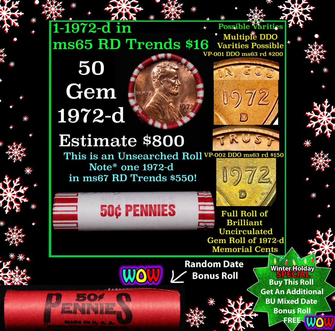 Shotgun Lincoln 1c roll, 1972-d 50 pcs Bank Wrapper. Winter Holiday SPECIAL WIN This Roll Get a (1 of 3)