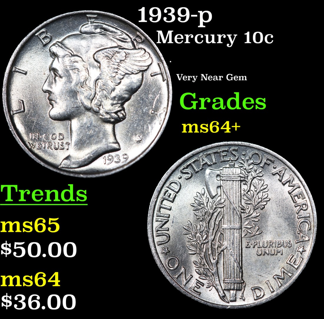 1939-p Mercury Dime 10c Grades Choice+ Unc (1 of 3)
