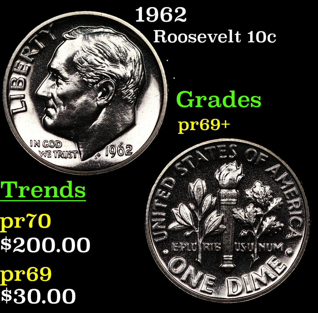 Proof 1962 Roosevelt Dime 10c Grades GEM++ Proof (1 of 3)
