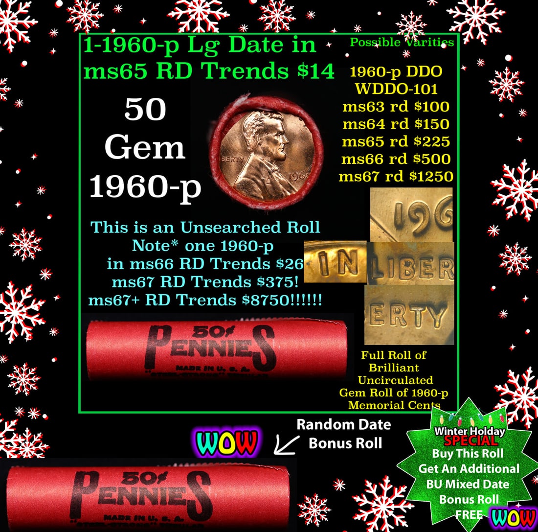 BU Shotgun Lincoln 1c roll, 1960-p 50 pcs Steel Strong Wrapper 50c Winter Holiday SPECIAL WIN This (1 of 2)