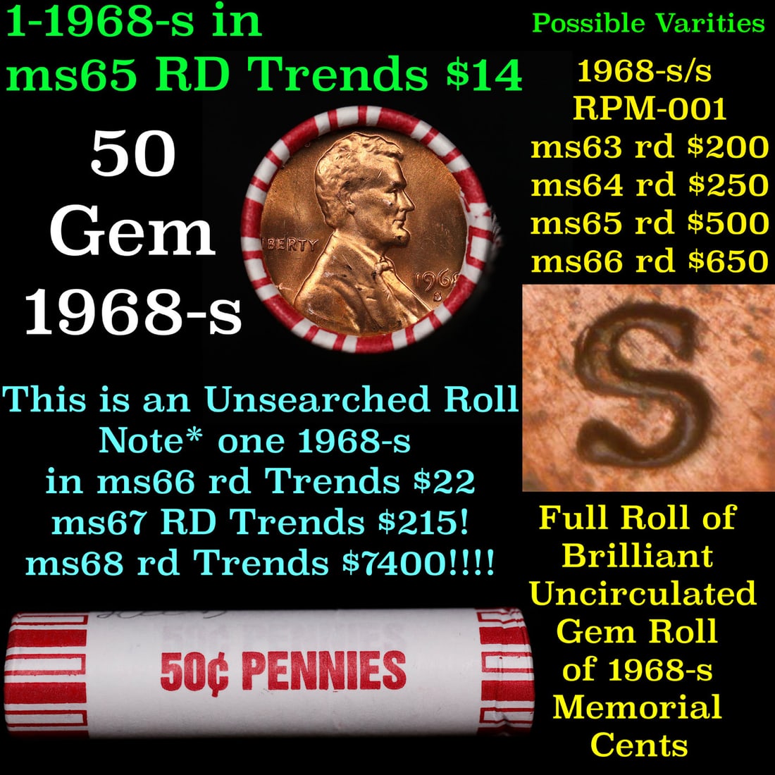 BU Shotgun Lincoln 1c roll, 1968-s 50 pcs Bank Wrapper 50c Winter Holiday SPECIAL WIN This Roll Get (1 of 2)