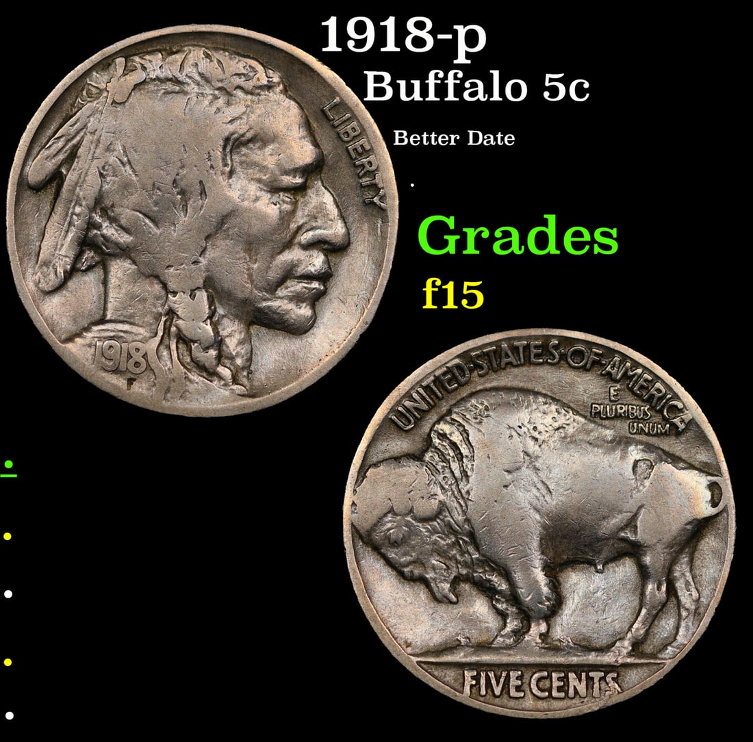 1918-p Buffalo Nickel 5c Grades f+ (1 of 3)