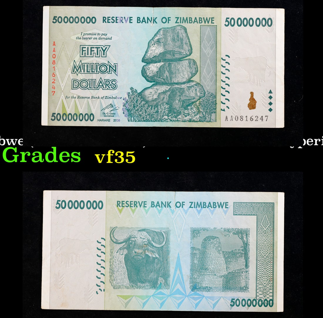 2007-2008 Zimbabwe (ZWR 3rd Dollar) 50 Million Dollars Hyperinflation Note P# 79 Grades vf++: 2007-2008 Zimbabwe (ZWR 3rd Dollar) 50 Million Dollars Hyperinflation Note P# 79 Grades vf++. Hyperinflation in Zimbabwe is an ongoing crisis. While yearly inflation was often measured in the hundreds