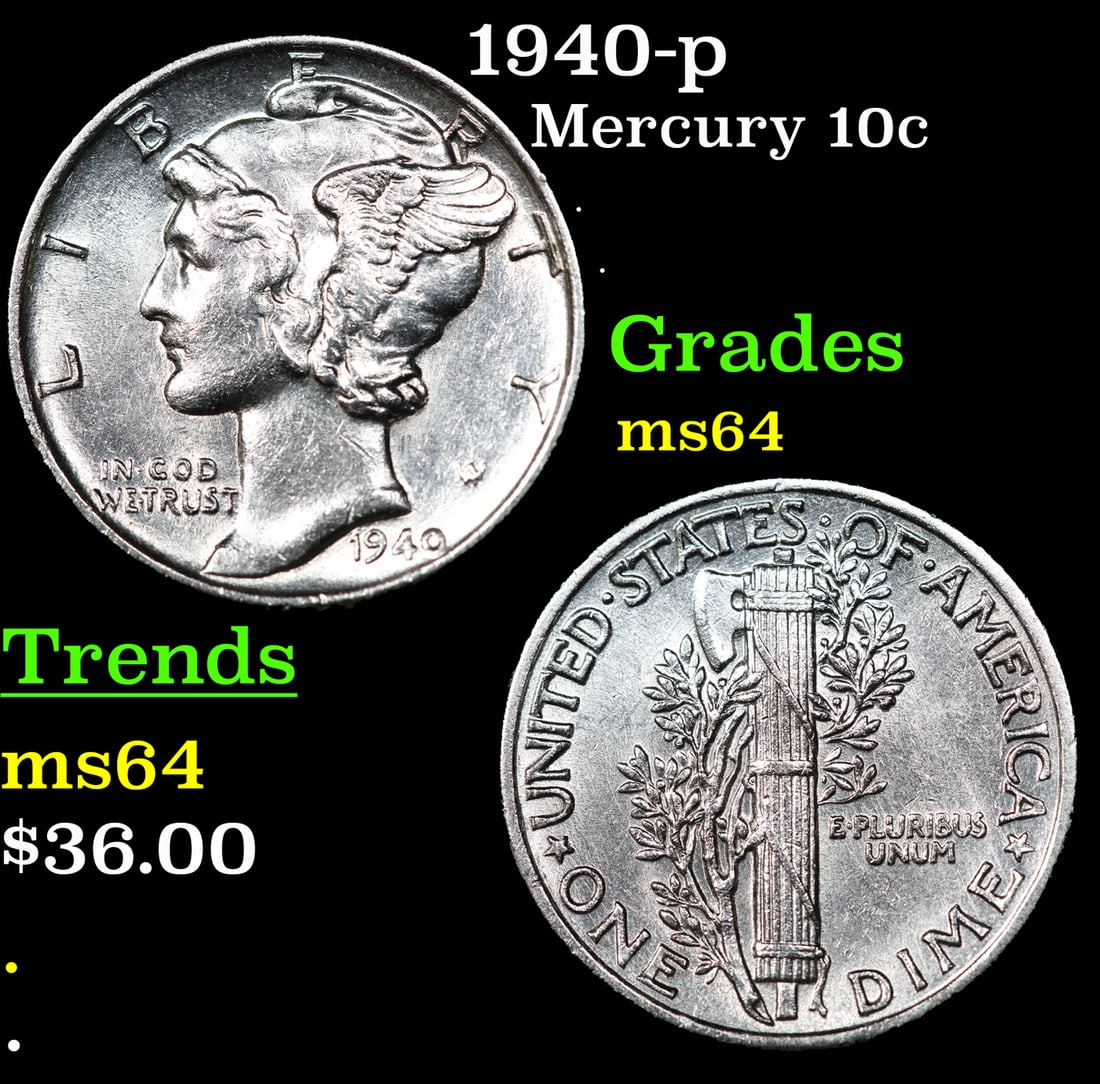 1940-p Mercury Dime 10c Grades Choice Unc (1 of 3)