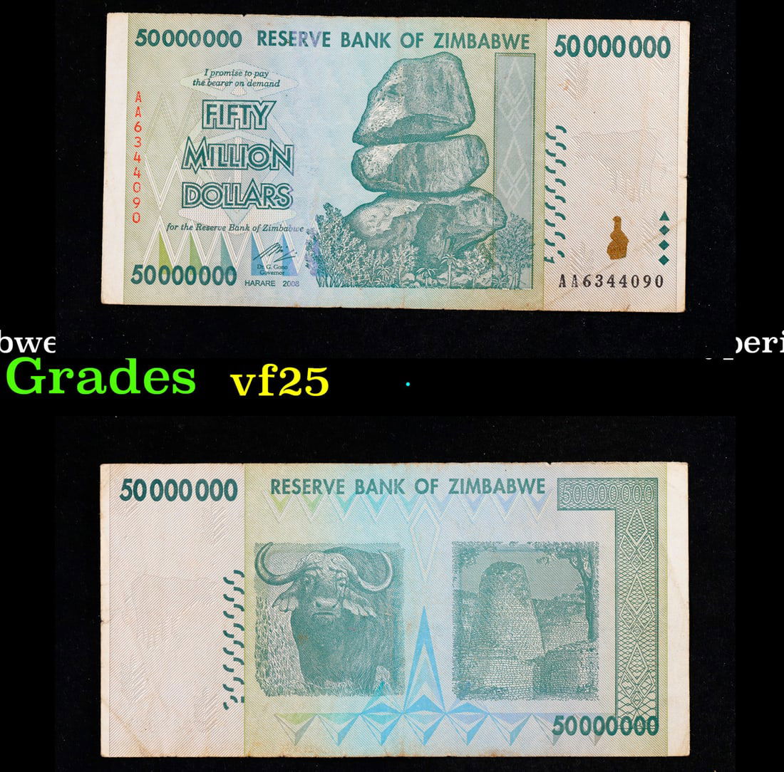2007-2008 Zimbabwe (ZWR 3rd Dollar) 50 Million Dollars Hyperinflation Note P# 79 Grades vf+: 2007-2008 Zimbabwe (ZWR 3rd Dollar) 50 Million Dollars Hyperinflation Note P# 79 Grades vf+. Hyperinflation in Zimbabwe is an ongoing crisis. While yearly inflation was often measured in the hundreds