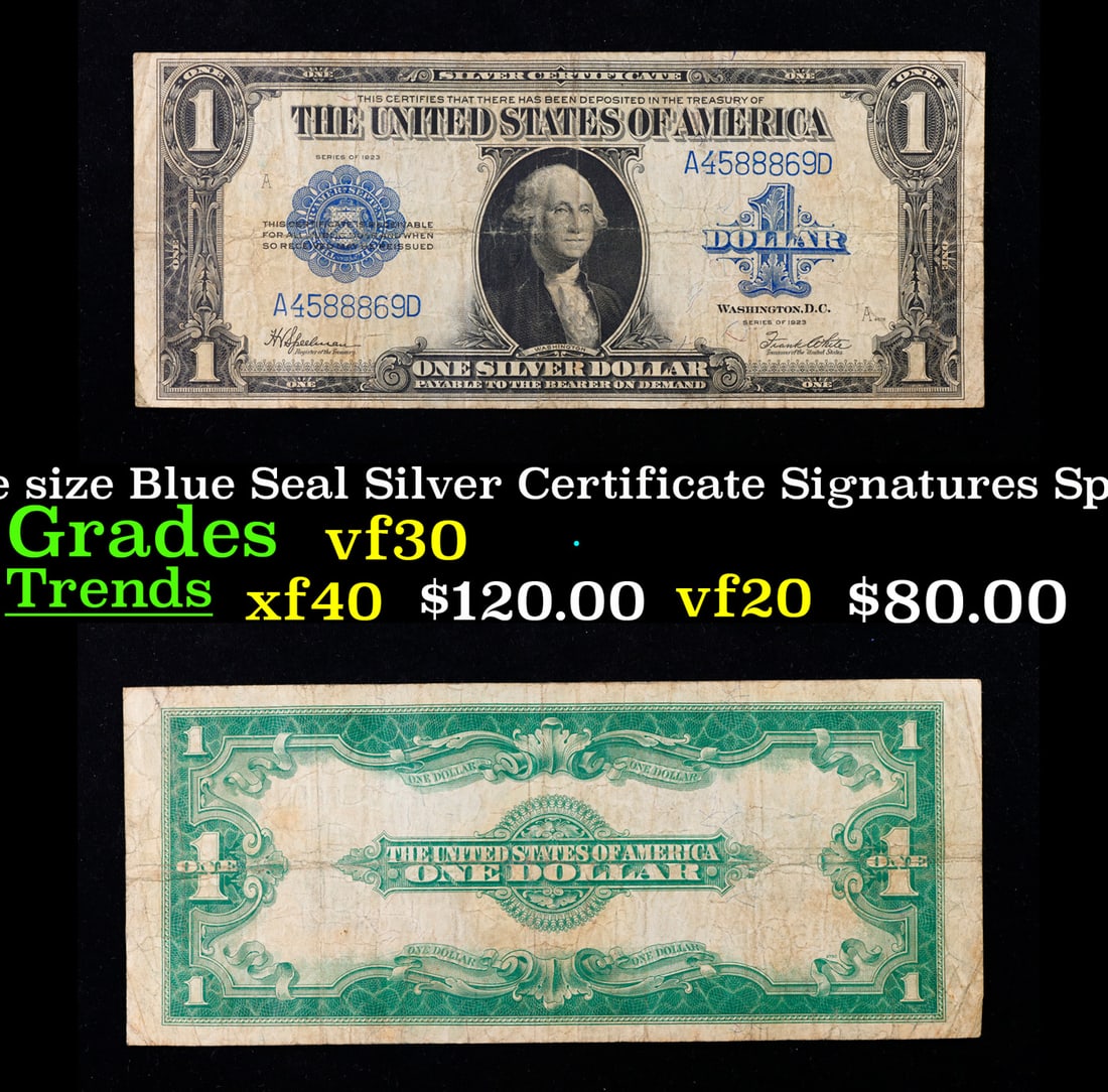 1923 $1 large size Blue Seal Silver Certificate Grades vf++ Signatures Speelman/White: 1923 $1 large size Blue Seal Silver Certificate Grades vf++ Signatures Speelman/White. Fr-237 The term “horse blanket” gets used a lot when talking about large size currency. It is most freque
