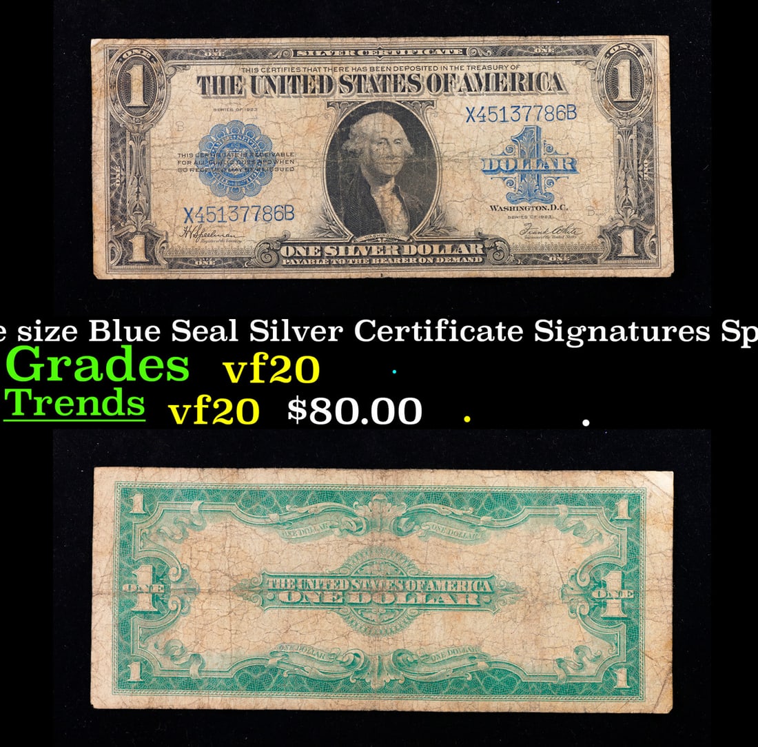 1923 $1 large size Blue Seal Silver Certificate Grades vf, very fine Signatures Speelman/White: 1923 $1 large size Blue Seal Silver Certificate Grades vf, very fine Signatures Speelman/White. Fr-237 The term “horse blanket” gets used a lot when talking about large size currency. It is mo