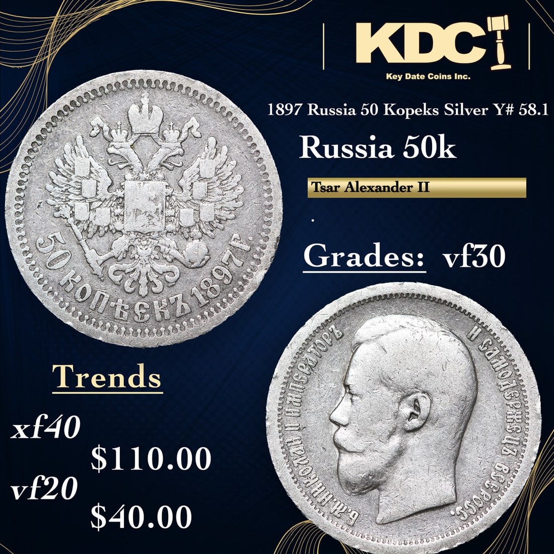 1897 Russia 50 Kopeks Silver Y# 58.1 Grades vf++ (1 of 3)