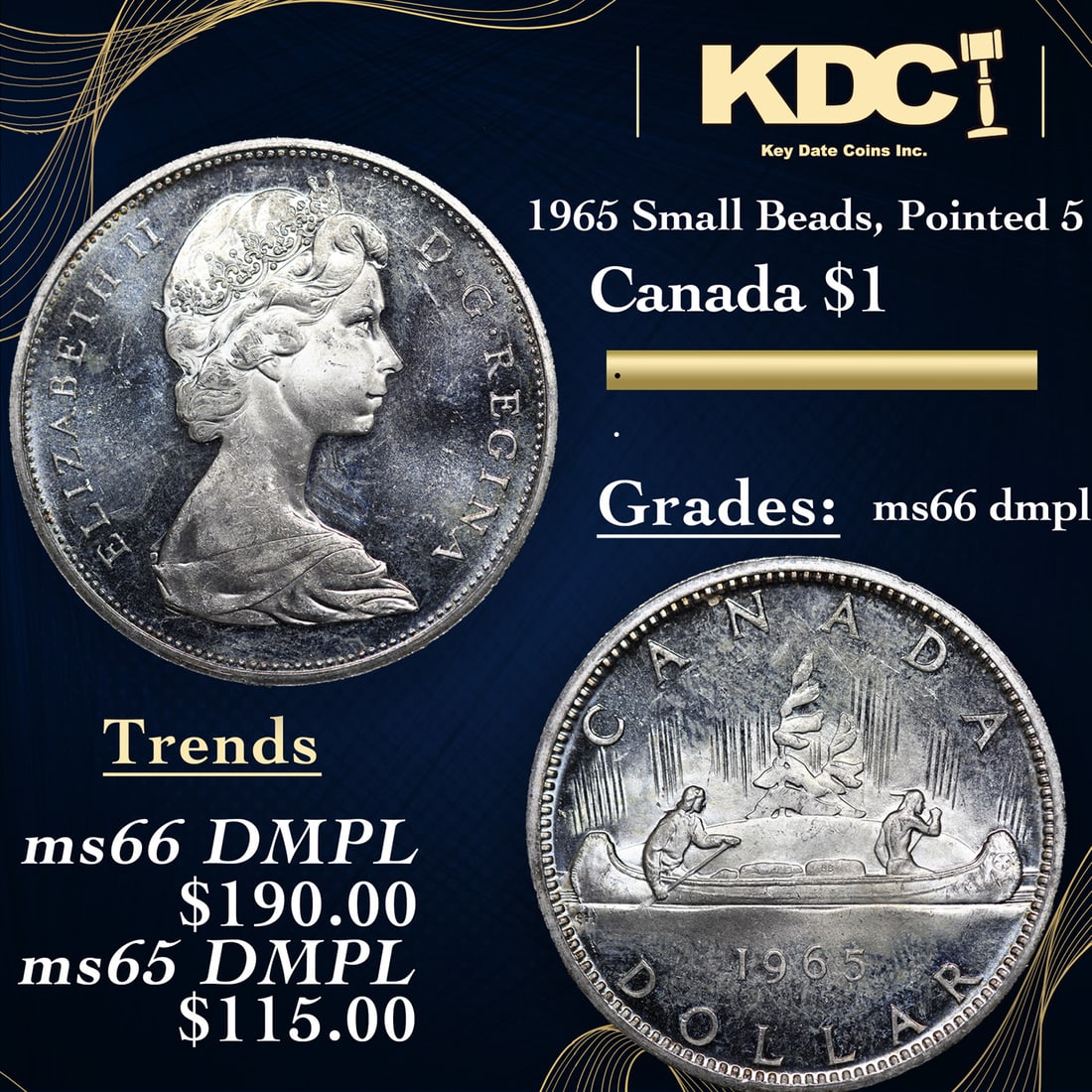 1965 Small Beads, Pointed 5 Canada Silver Dollar $1 Grades GEM+ UNC DMPL (1 of 5)