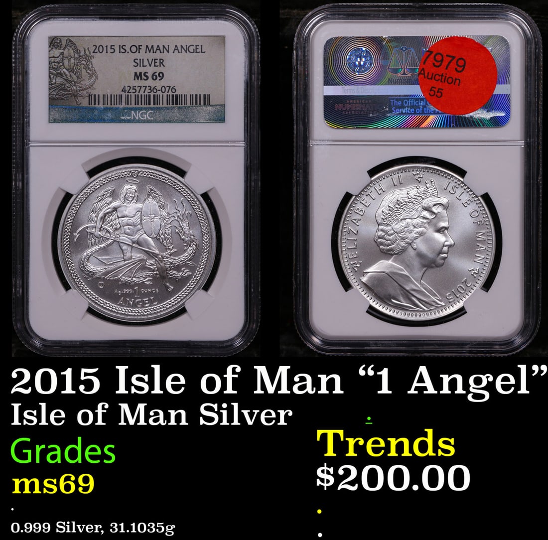 NGC 2015 Isle of Man "1 Angel" Fine Silver Coin Graded ms69 By NGC (1 of 3)