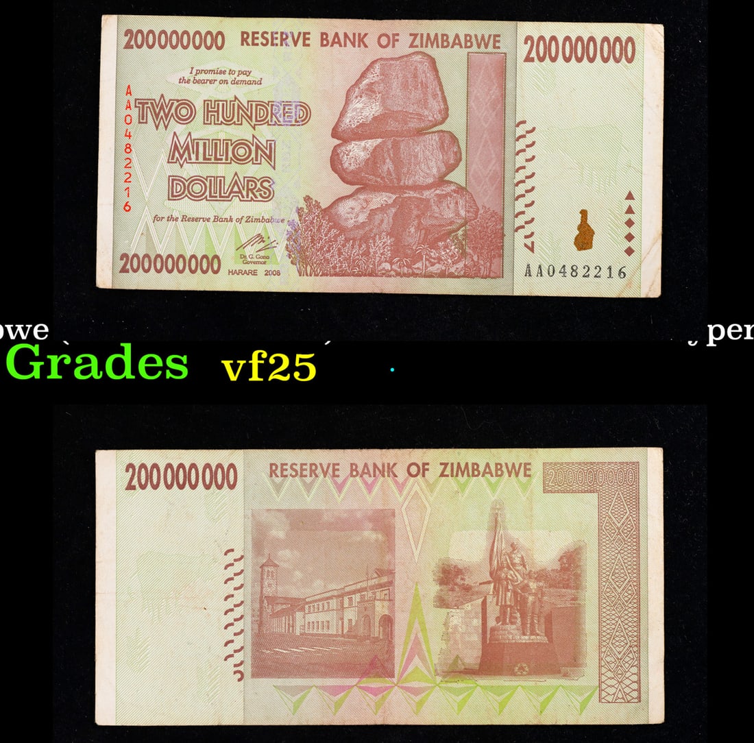 2007-2008 Zimbabwe (ZWR 3rd Dollar) 200 Million Dollars Hyperinflation Note P# 81 Grades vf+: 2007-2008 Zimbabwe (ZWR 3rd Dollar) 200 Million Dollars Hyperinflation Note P# 81 Grades vf+. Hyperinflation in Zimbabwe is an ongoing crisis. While yearly inflation was often measured in the hundreds