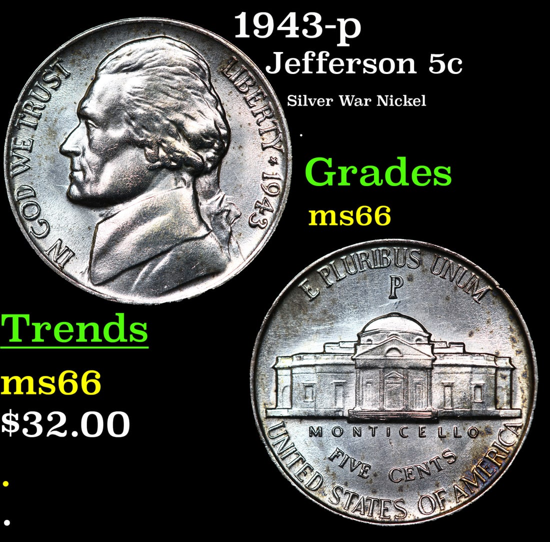 1943-p Jefferson Nickel 5c Grades GEM+ Unc (1 of 3)