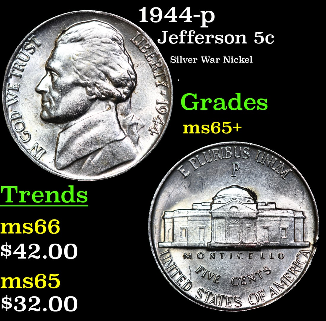 1944-p Jefferson Nickel 5c Grades GEM+ Unc (1 of 3)