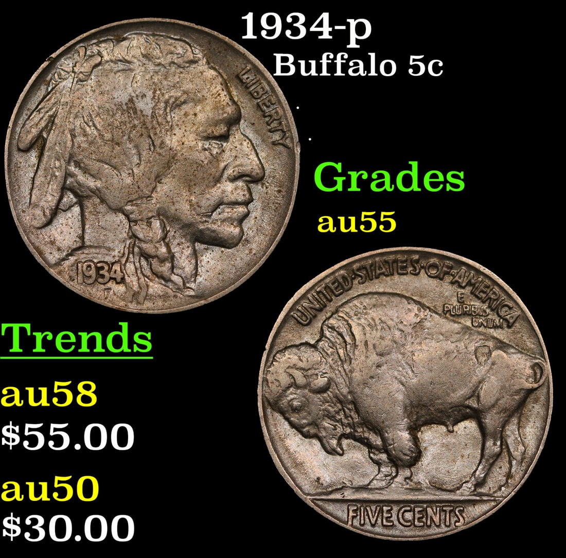 1934-p Buffalo Nickel 5c Grades Choice AU (1 of 3)