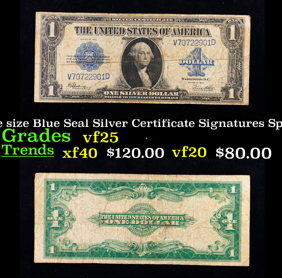 1923 $1 large size Blue Seal Silver Certificate Grades vf+ Signatures Speelman/White: 1923 $1 large size Blue Seal Silver Certificate Grades vf+ Signatures Speelman/White. Fr-237 The term “horse blanket” gets used a lot when talking about large size currency. It is most frequen