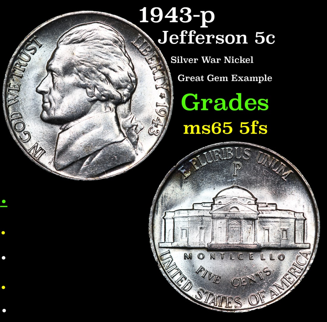 1943-p Jefferson Nickel 5c Grades GEM 5fs (1 of 3)