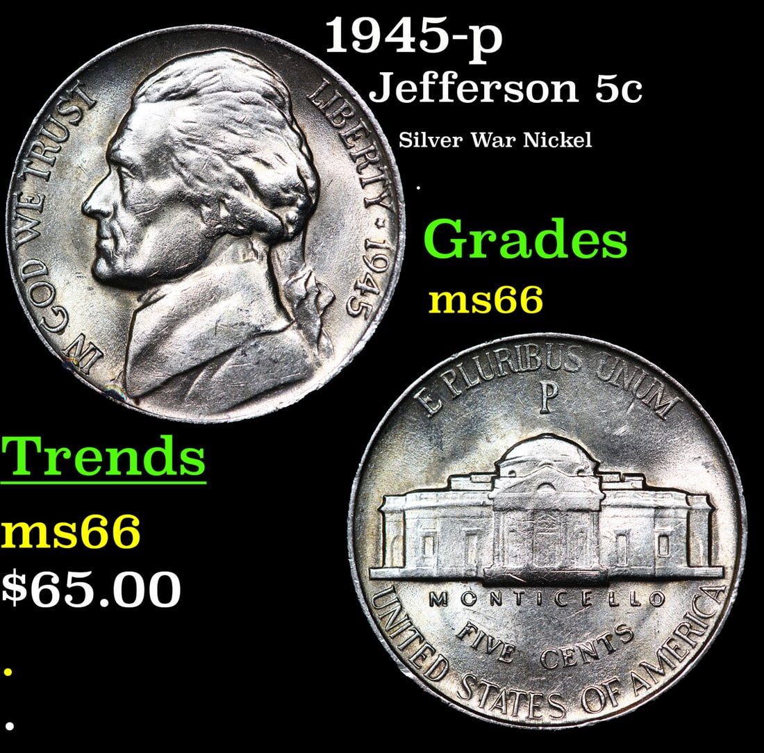 1945-p Jefferson Nickel 5c Grades GEM+ Unc: 1945-p Jefferson Nickel 5c Grades GEM+ Unc.