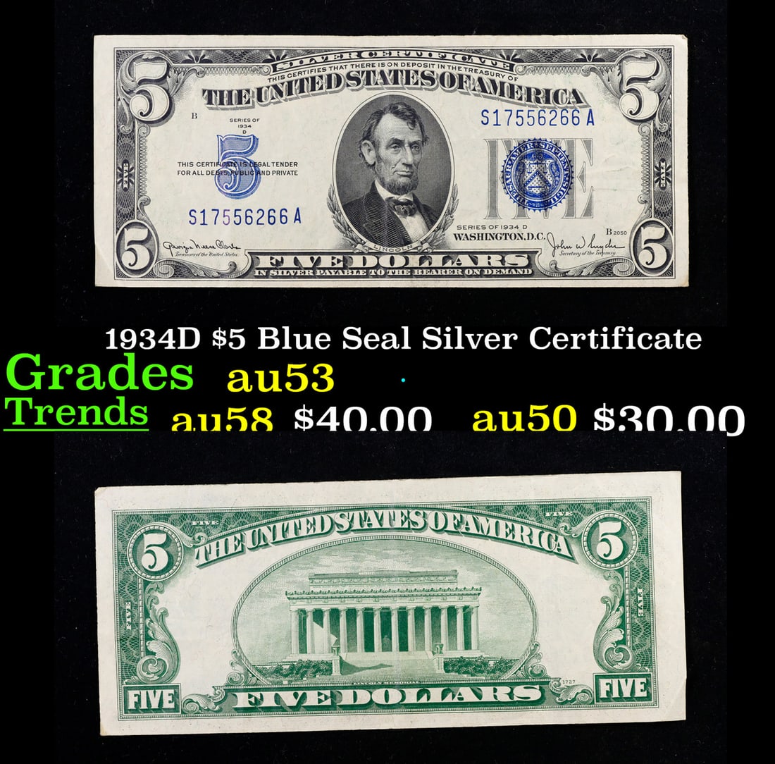1934D $5 Blue Seal Silver Certificate Grades Select AU (1 of 3)