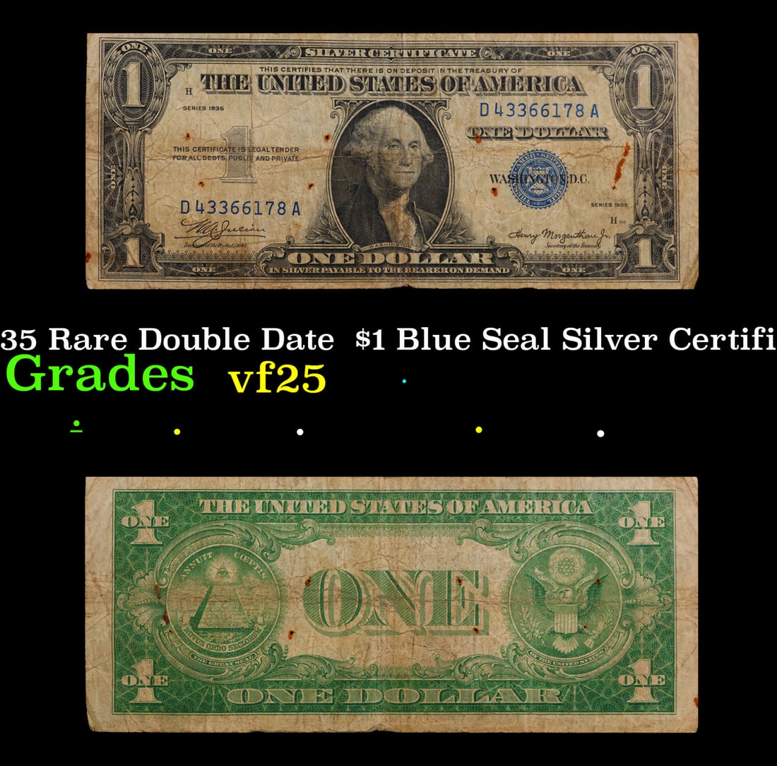 1935 Rare Double Date  $1 Blue Seal Silver Certificate Grades vf+ (1 of 3)