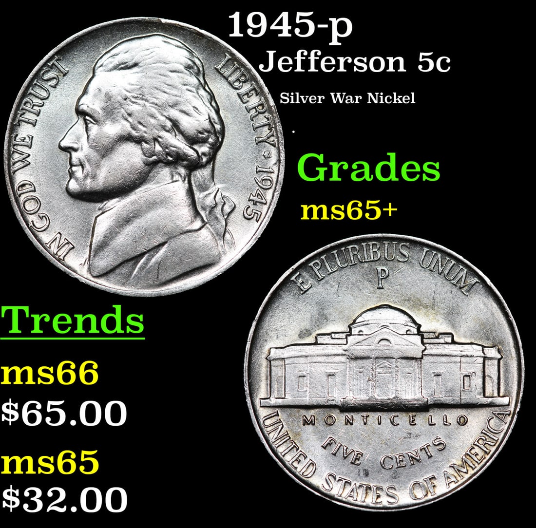 1945-p Jefferson Nickel 5c Grades GEM+ Unc: 1945-p Jefferson Nickel 5c Grades GEM+ Unc.