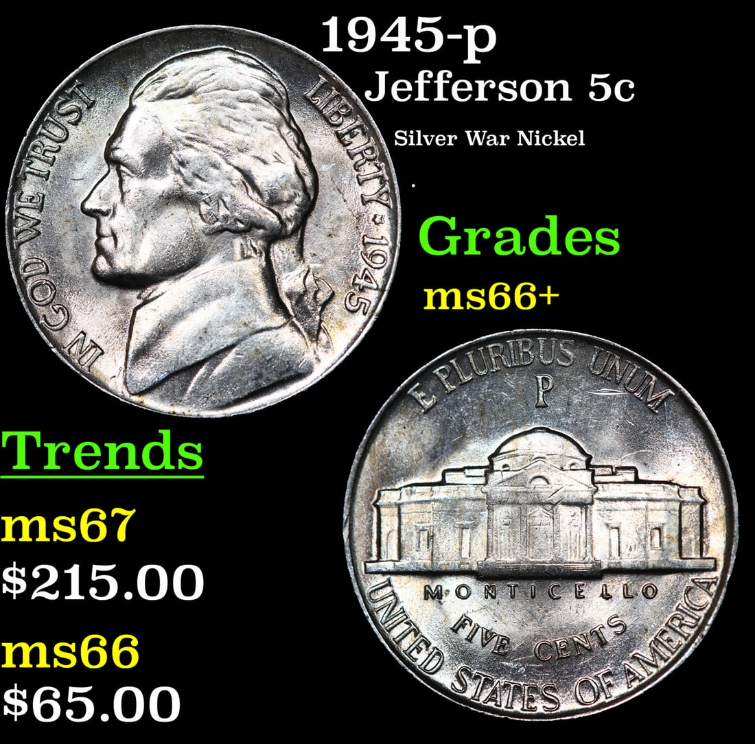 1945-p Jefferson Nickel 5c Grades GEM++ Unc (1 of 3)