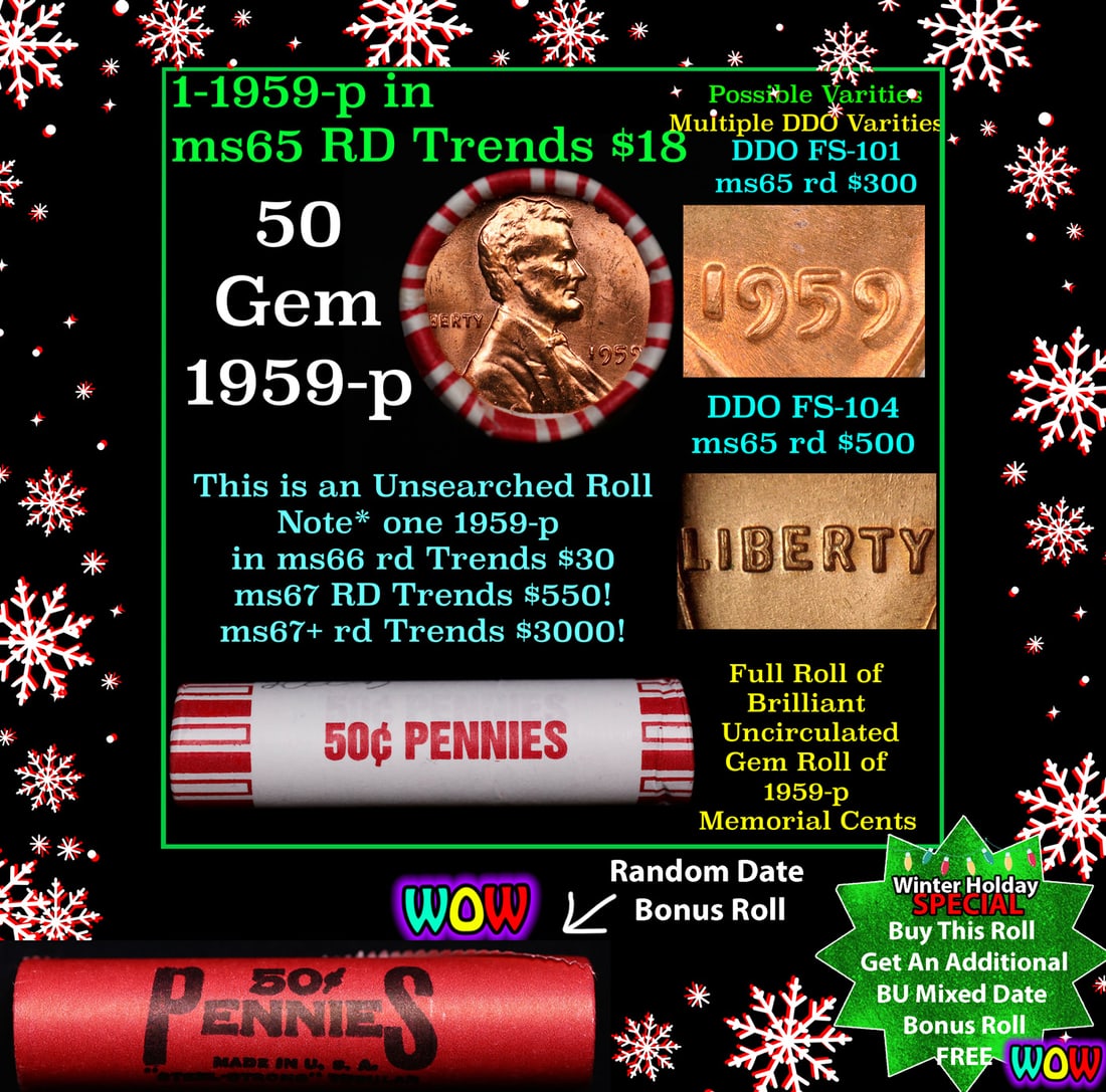 BU Shotgun Lincoln 1c roll, 1959-p 50 pcs Bank Wrapper 50c Winter Holiday SPECIAL WIN This Roll Get (1 of 2)