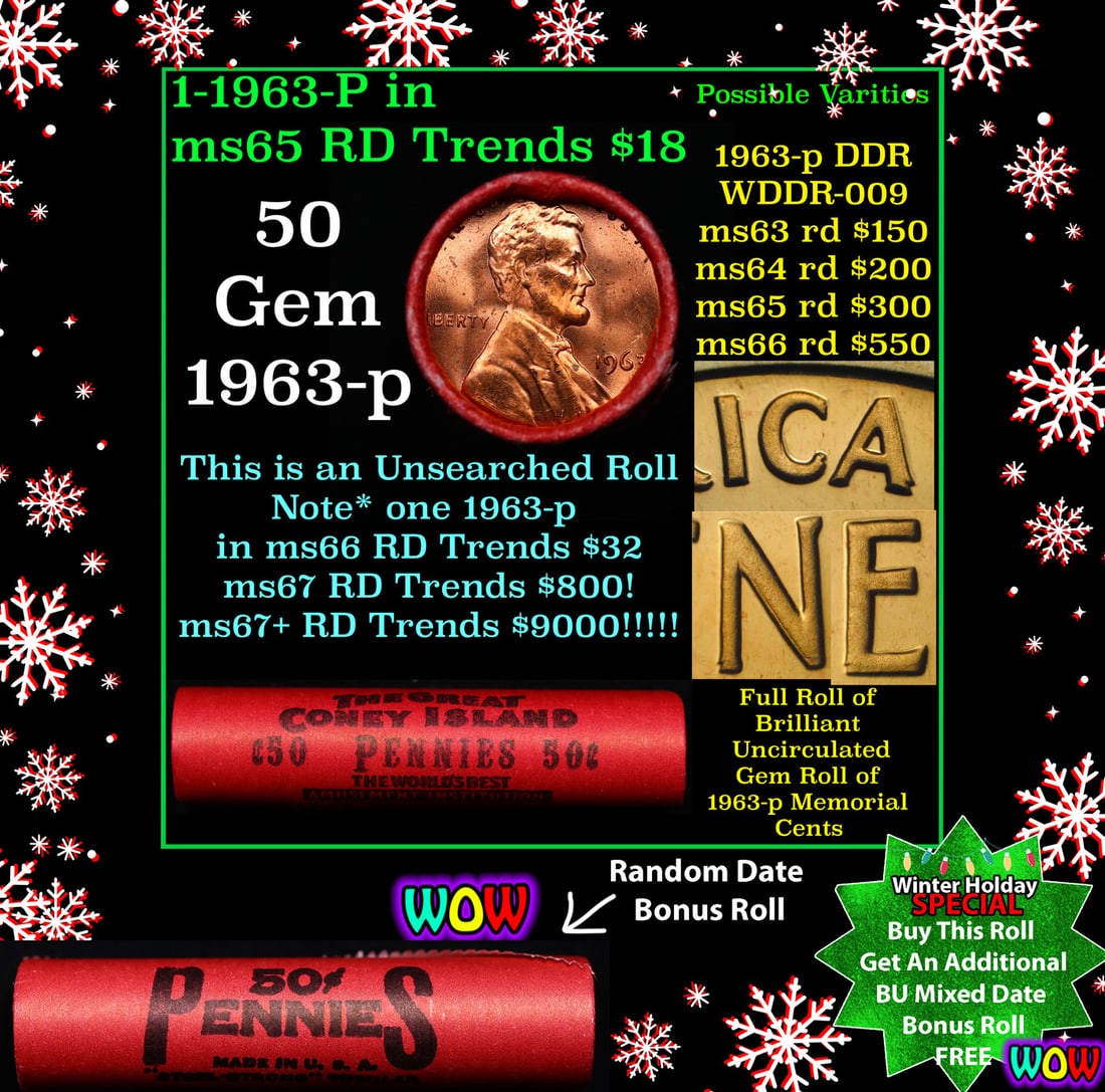 BU Shotgun Lincoln 1c roll, 1963-p 50 pcs Bank Wrapper 50c Winter Holiday SPECIAL WIN This Roll Get (1 of 2)