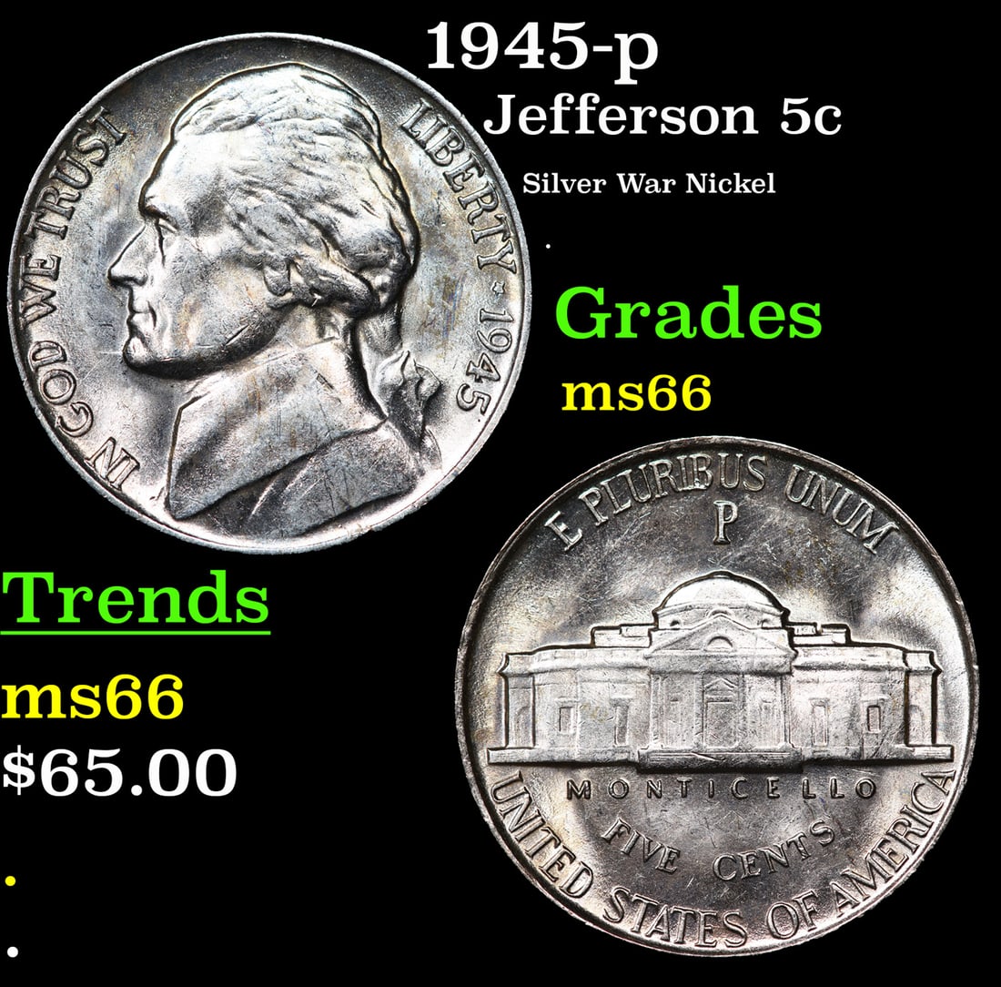 1945-p Jefferson Nickel 5c Grades GEM+ Unc: 1945-p Jefferson Nickel 5c Grades GEM+ Unc.