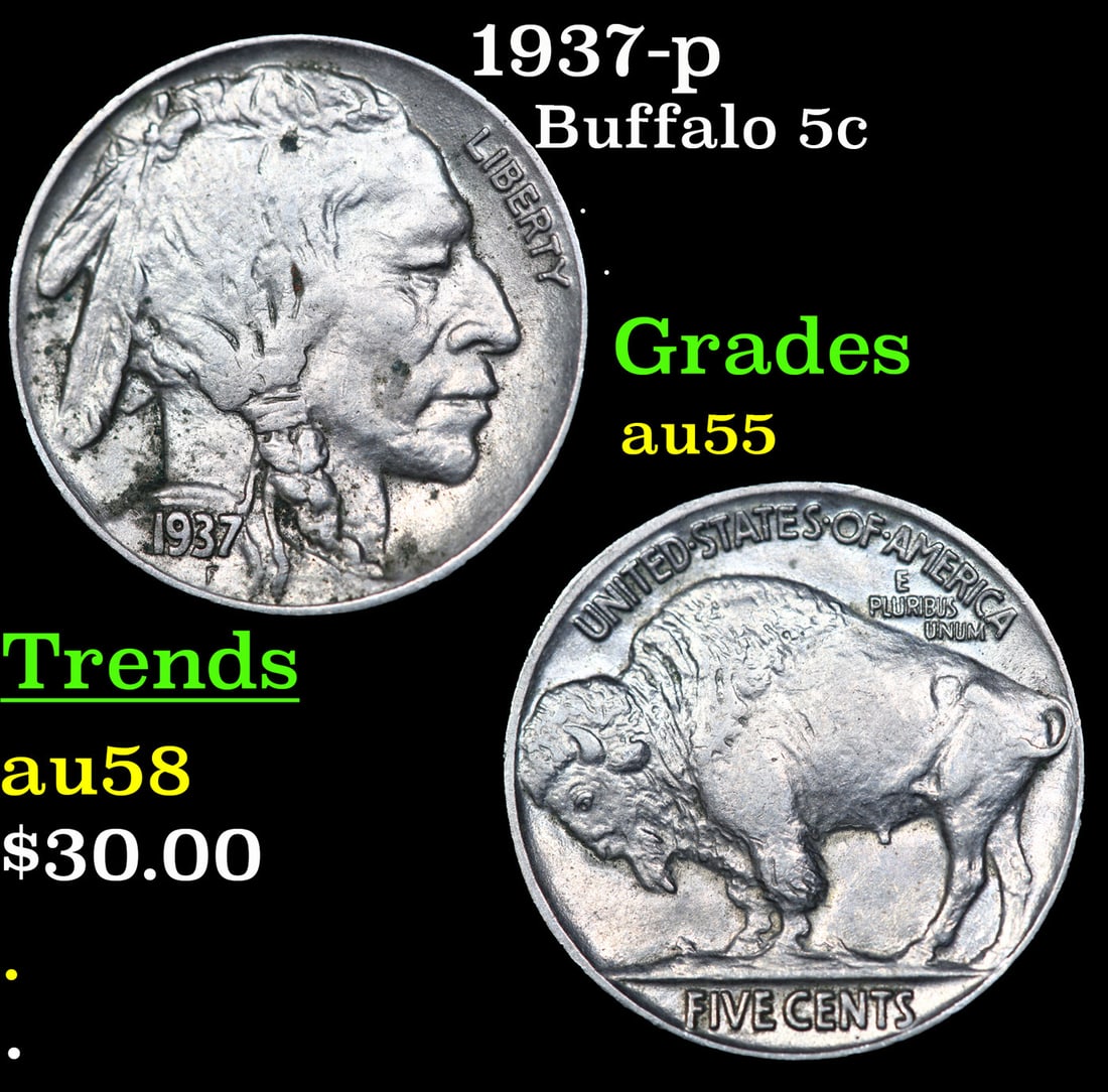 1937-p Buffalo Nickel 5c Grades Choice AU (1 of 3)