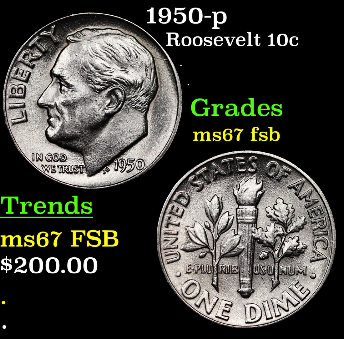 1950-p Roosevelt Dime 10c Grades GEM++ FSB (1 of 3)