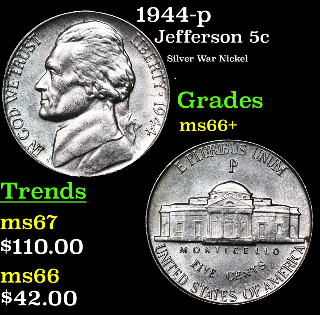 1944-p Jefferson Nickel 5c Grades GEM++ Unc (1 of 3)