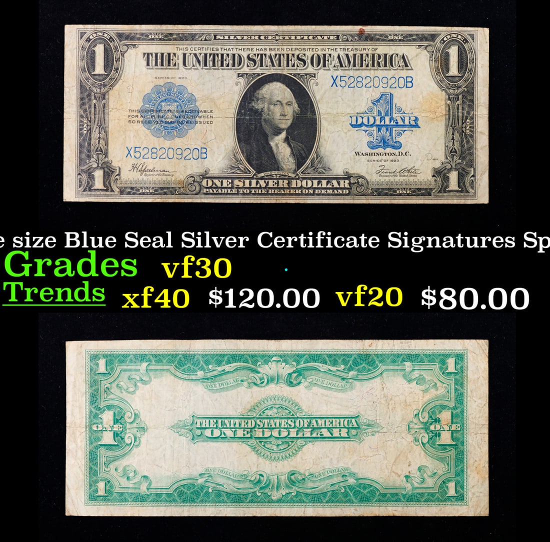 1923 $1 large size Blue Seal Silver Certificate Grades vf++ Signatures Speelman/White: 1923 $1 large size Blue Seal Silver Certificate Grades vf++ Signatures Speelman/White. Fr-237 The term “horse blanket” gets used a lot when talking about large size currency. It is most freque