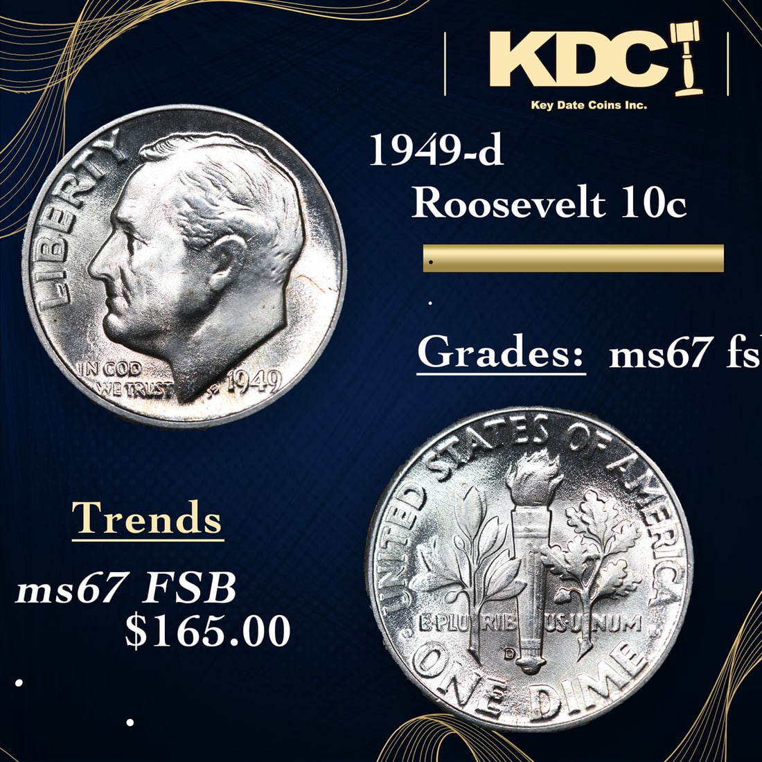 1949-d Roosevelt Dime 10c Grades GEM++ FT (1 of 3)