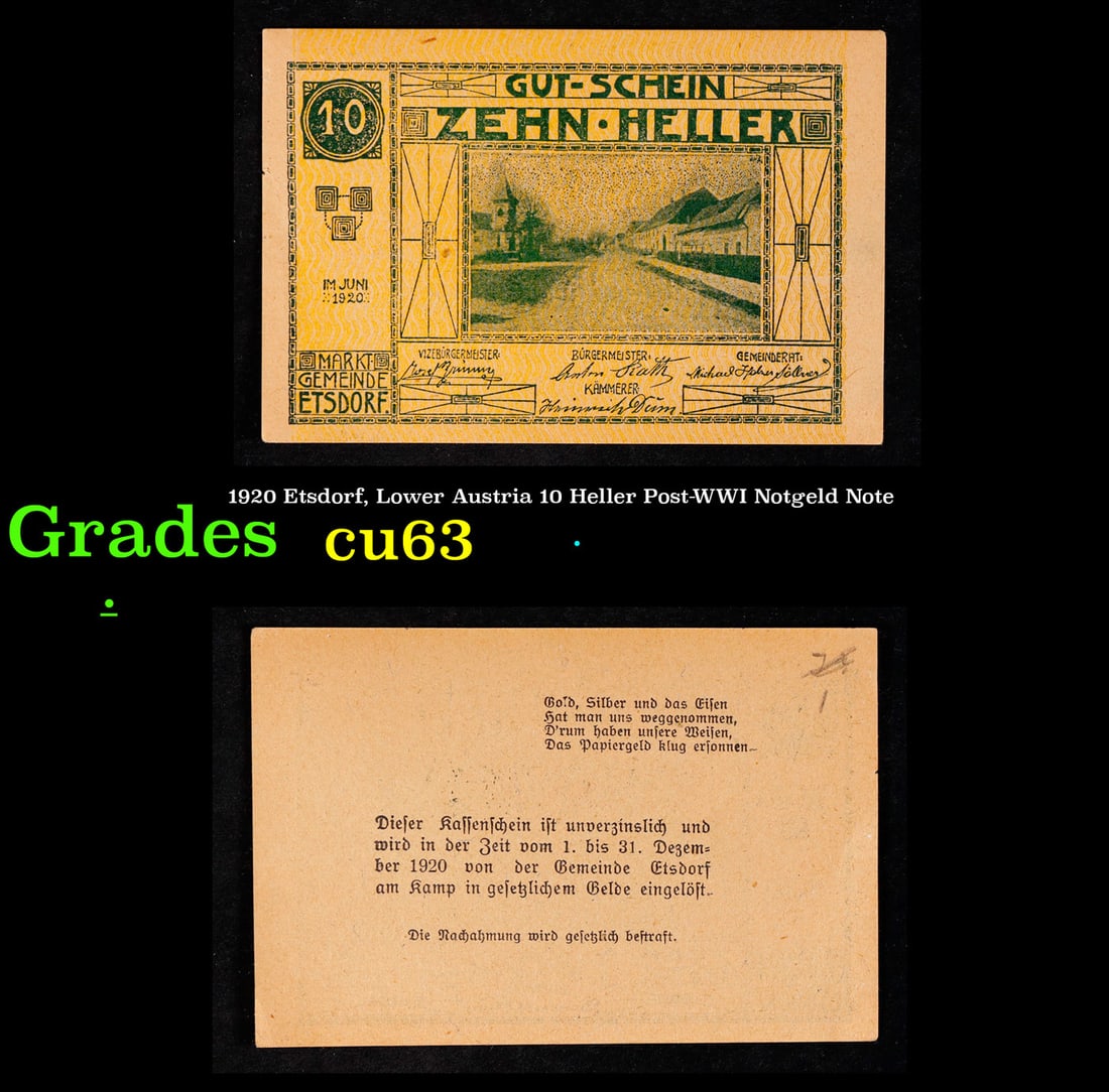1920 Etsdorf, Lower Austria 10 Heller Post-WWI Notgeld Note Grades Select CU (1 of 3)