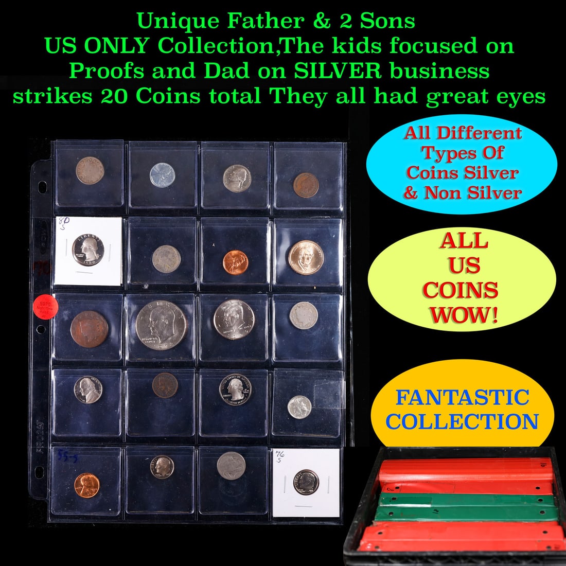 Unique Father & 2 Sons US ONLY Collection,The kids focused on Proofs and Dad on SILVER business: Unique Father & 2 Sons US ONLY Collection,The kids focused on Proofs and Dad on SILVER business strikes 20 Coins total They all had great eyes. We have received a huge collection of over 10 thousand U