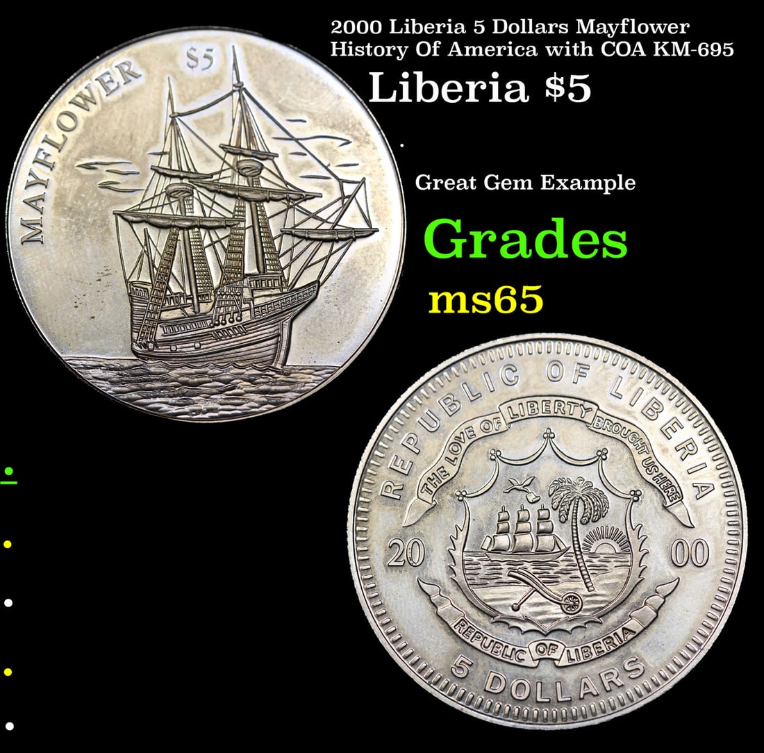 2000 Liberia 5 Dollars Mayflower History Of America with COA KM-695 Grades GEM Unc (1 of 3)