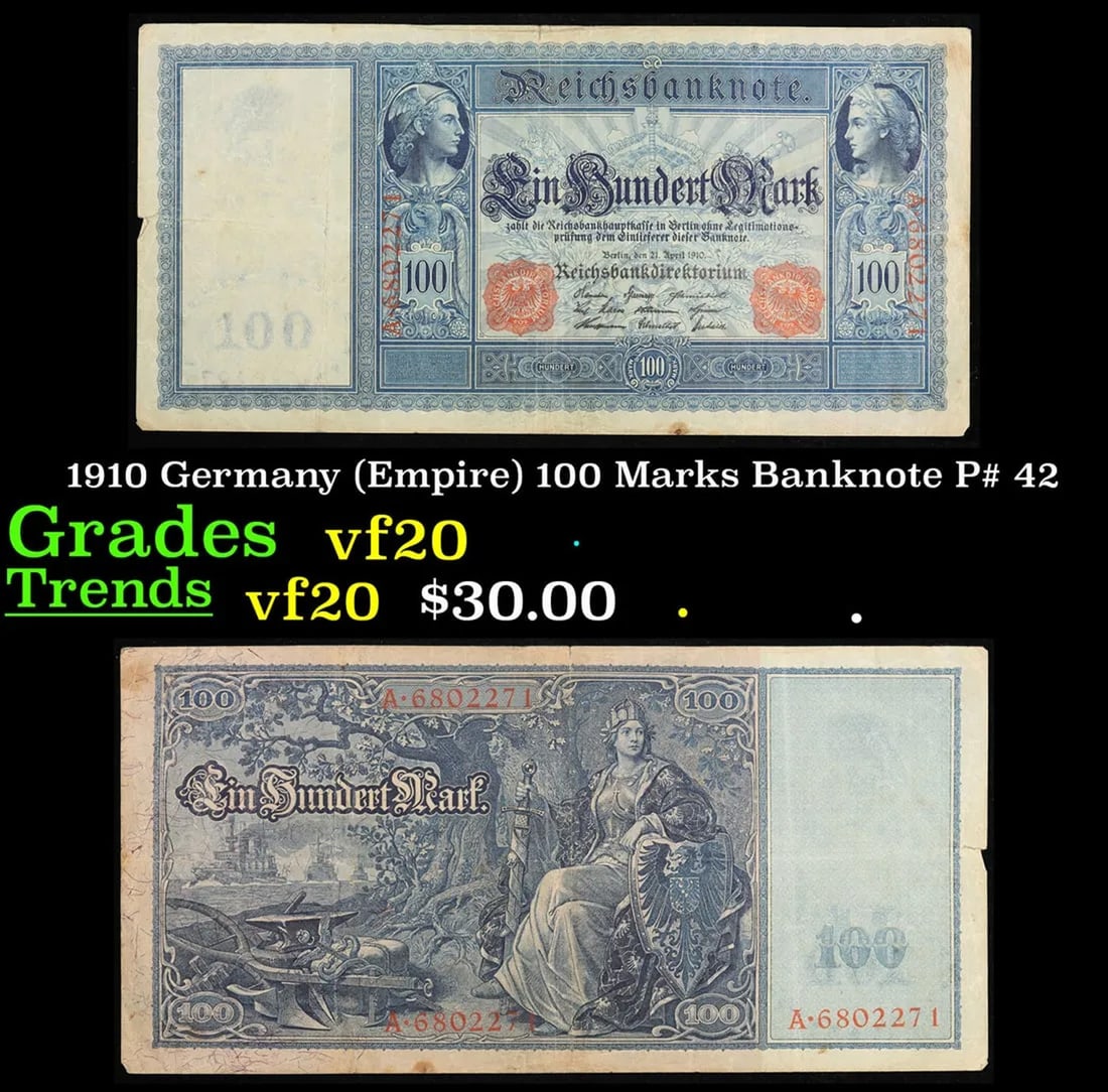 1910 Germany (Empire) 100 Marks Banknote P# 42 Grades vf+ (1 of 1)