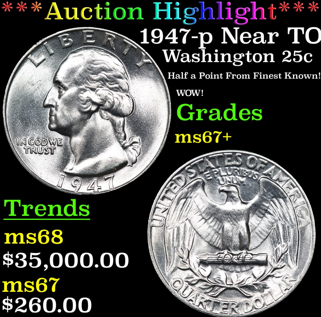 ***Auction Highlight*** 1947-p Washington Quarter Near TOP POP! 25c Graded ms67+ BY SEGS (fc) (1 of 3)