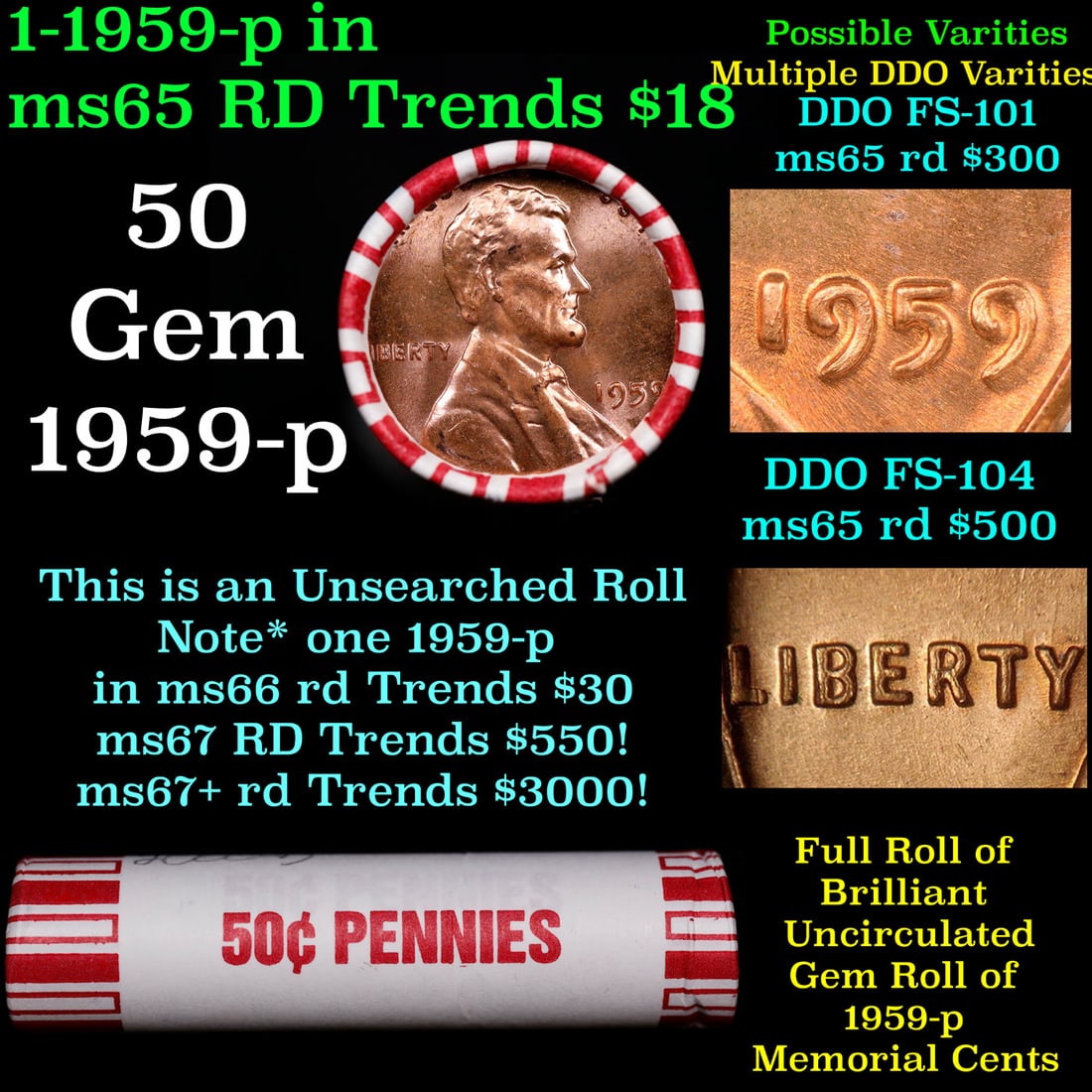 BU Shotgun Lincoln 1c roll, 1959-p 50 pcs Bank Wrapper 50c: BU Shotgun Lincoln 1c roll, 1959-p 50 pcs Bank Wrapper 50c. A terrific Shotgun roll of Lincoln cents in a Bank wrapper. Most if not all coins should be cherry red.