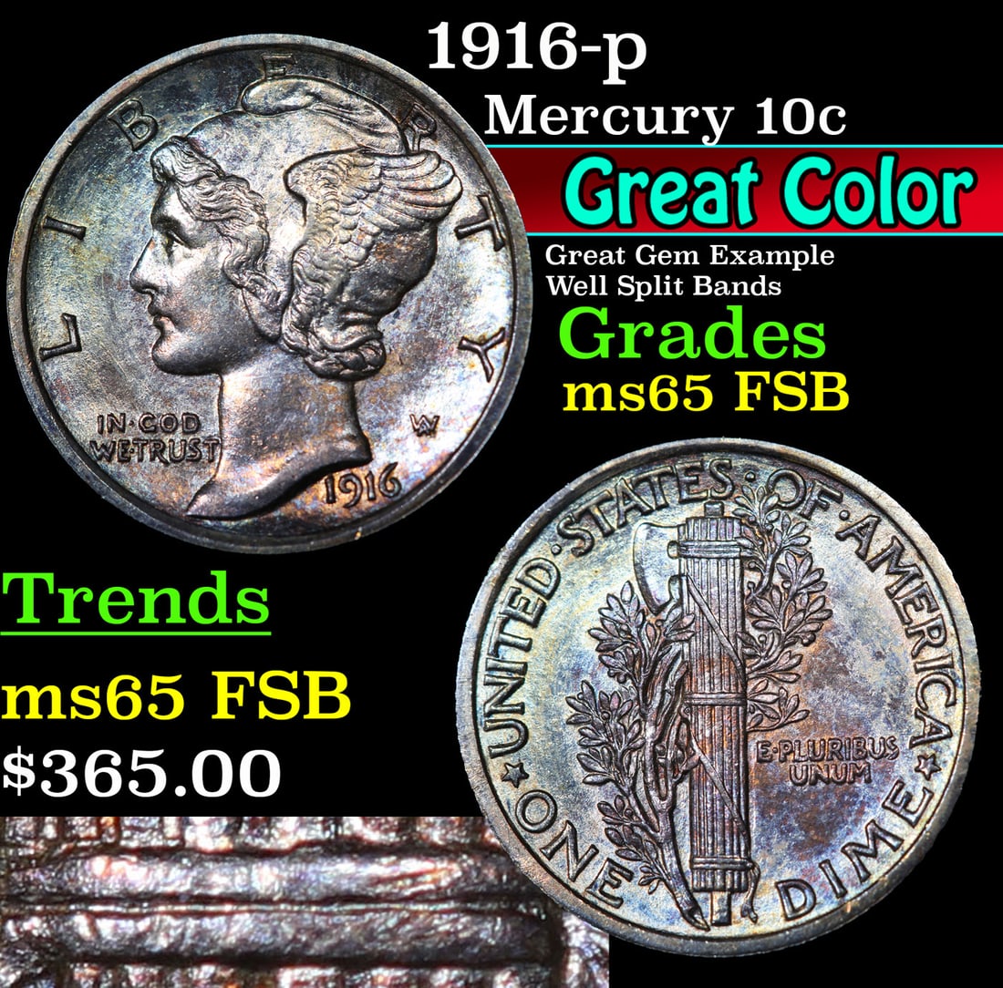 1916-p Mercury Dime 10c Grades GEM FSB (1 of 4)